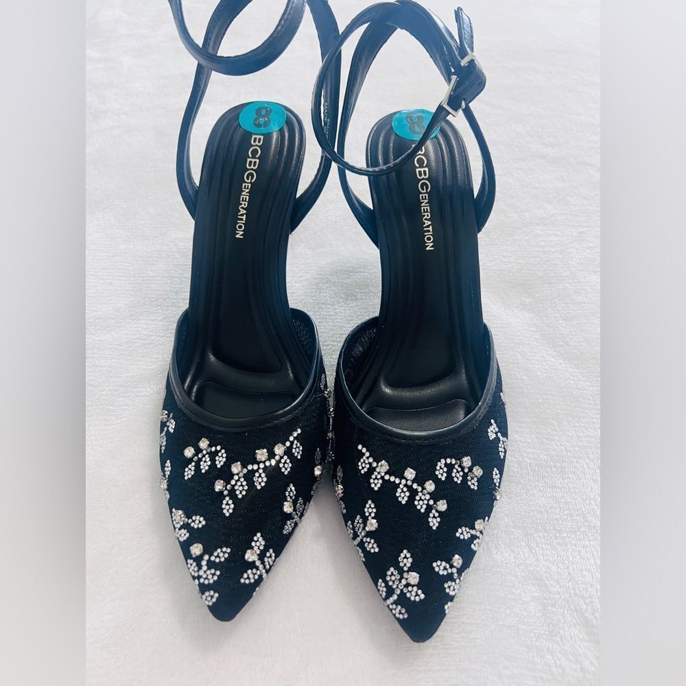 BCBGeneration Rhinestone
Embellished Pointed-Toe Ankle-Strap Heels sz 8